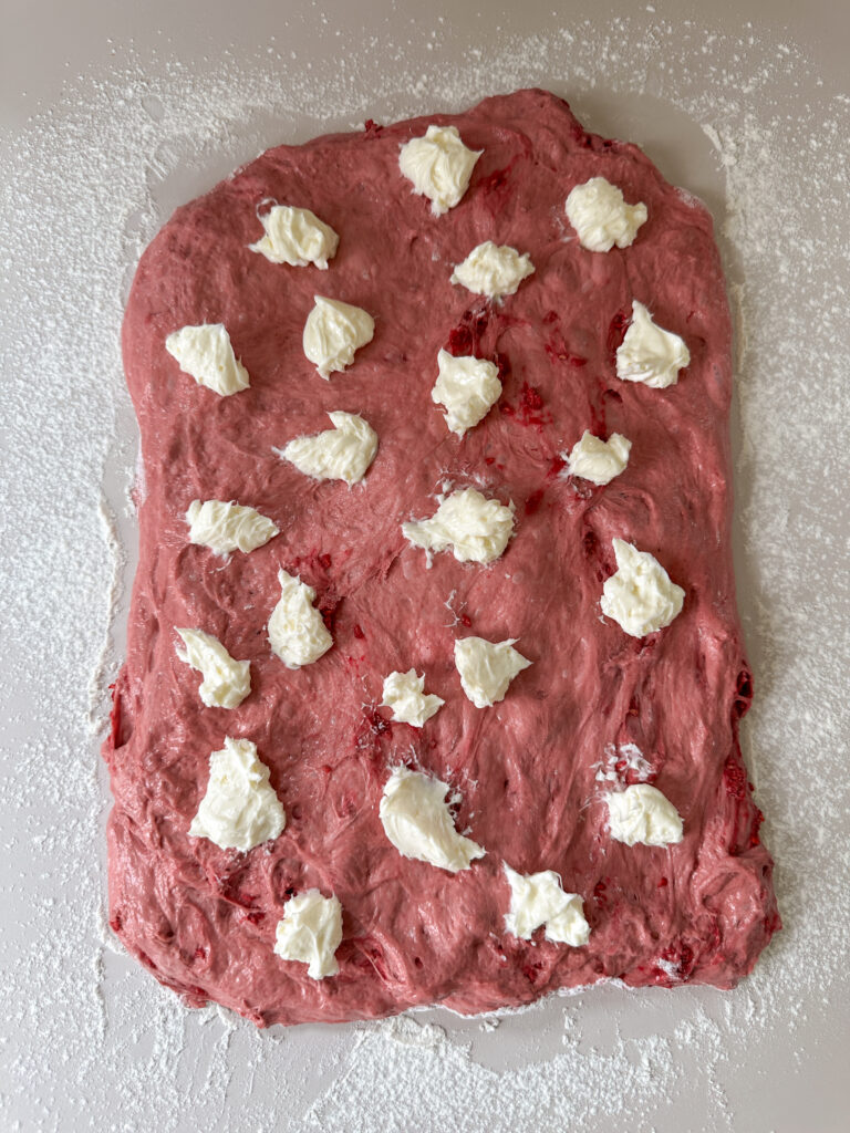 Add cream cheese in small spoonful's on top