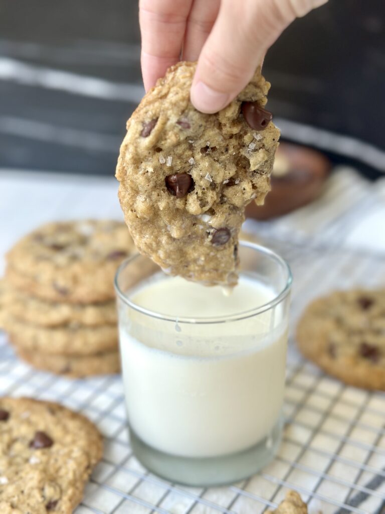 sourdough brown butter oatmeal cookies with chocolate chips
