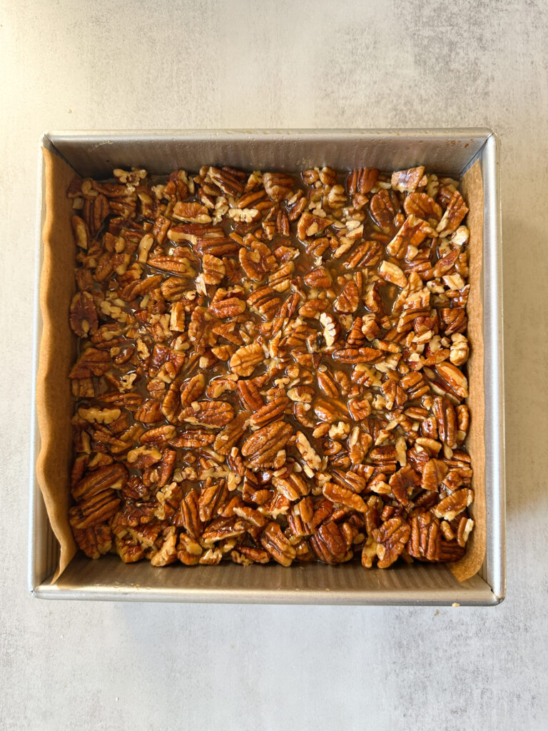 Pour filling on top of baked shortbread crust