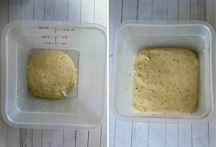Dough before and after bulk fermentation