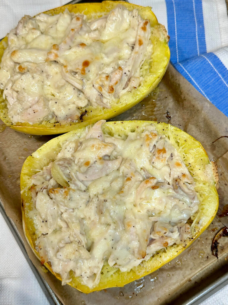 Spaghetti Squash Chicken Alfredo Boats