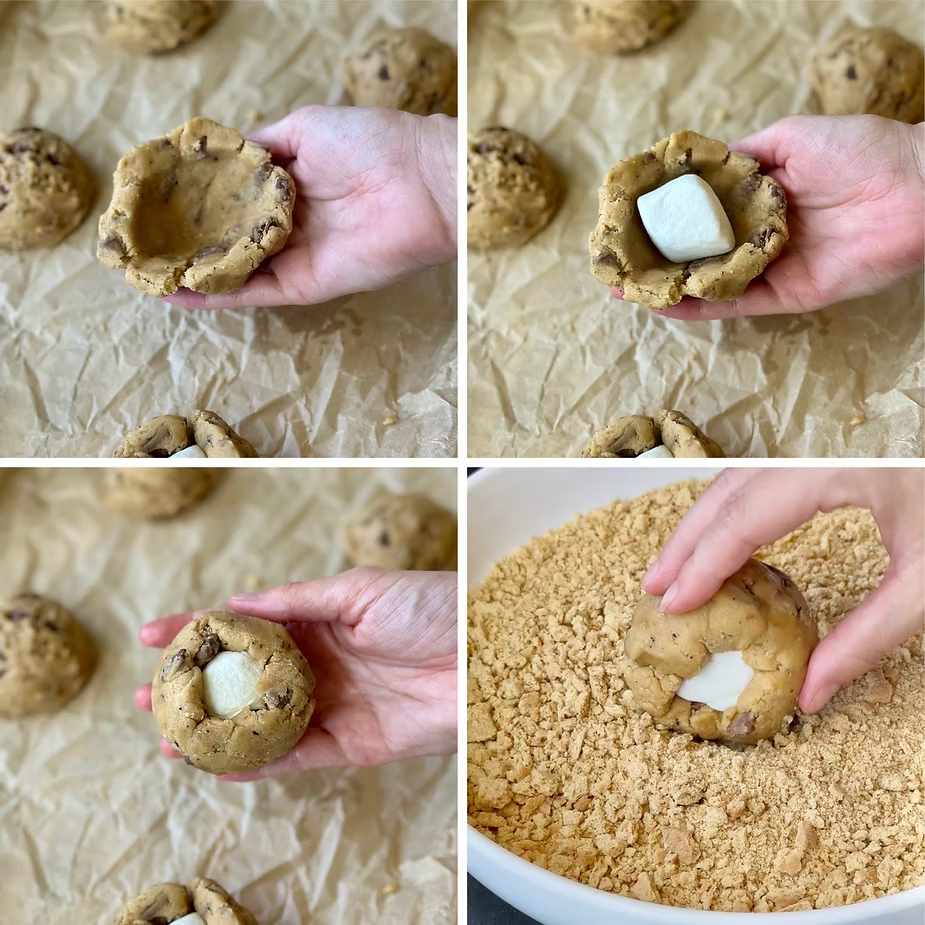 Make a shallow bowl of cookie dough and fill with marshmallow, then close and roll in crushed graham crackers