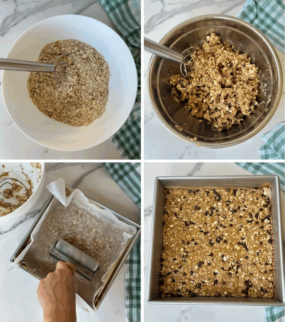 Combine protein bars and press into baking pan firmly.