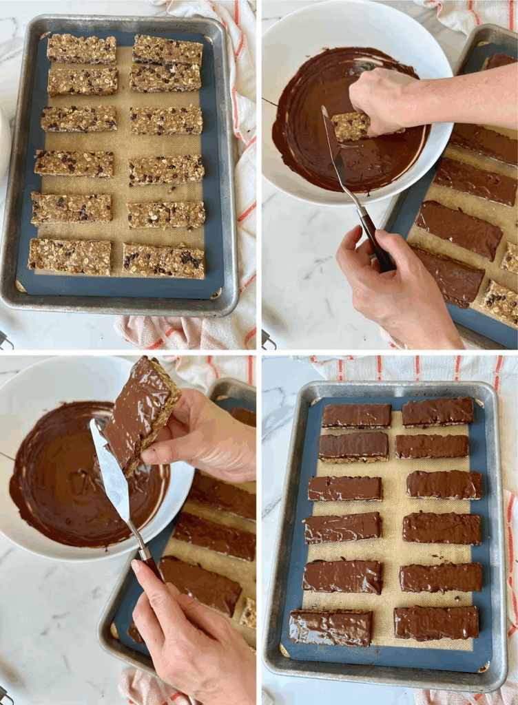 Cut bars, and then dip in chocolate. Transfer FACE DOWN and chill to set the chocolate.
