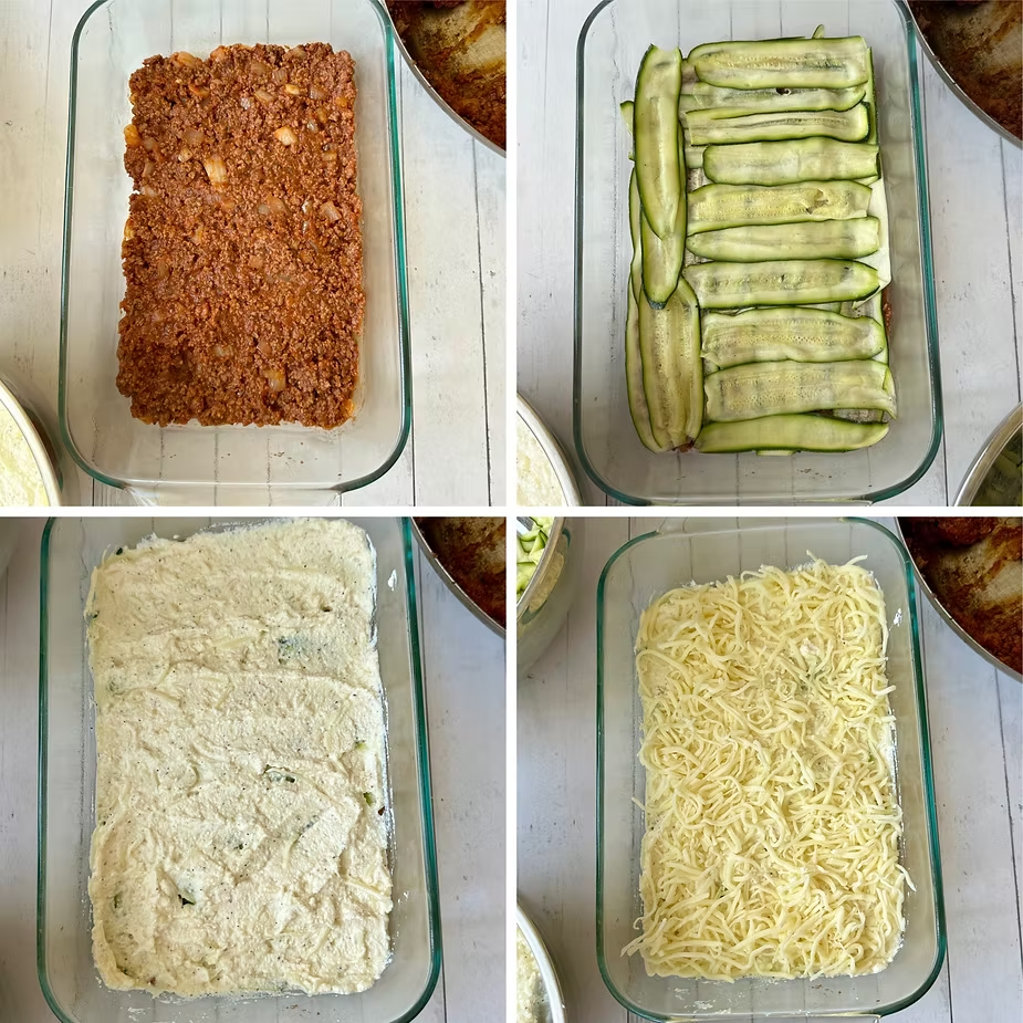 Layer with red sauce, zucchini "noodles", ricotta filling, then mozzarella. Repeat and bake.