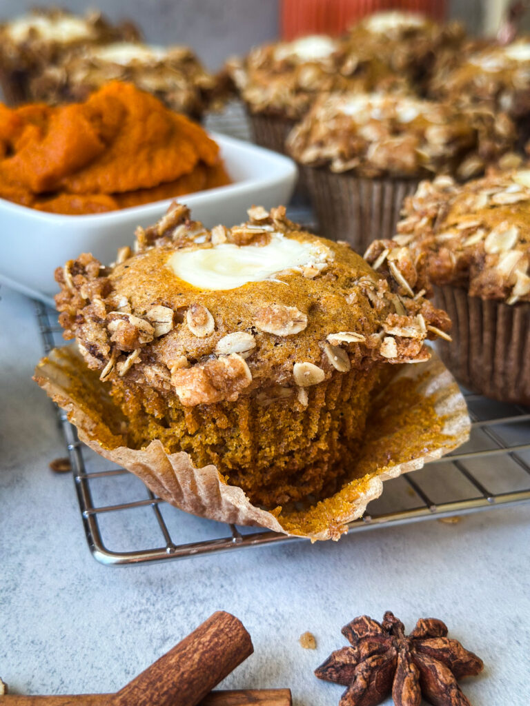 Sourdough Pumpkin Cream Cheese Muffins (with oat crumble!)