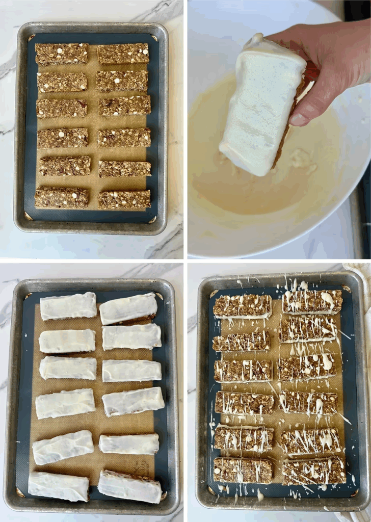 Cut bars, and then dip in chocolate. Transfer FACE DOWN and chill to set the chocolate.