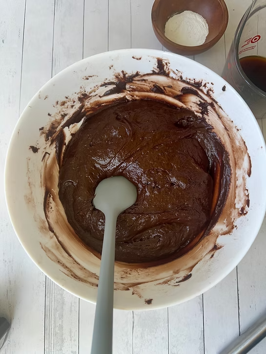 Your base will look thick and rich as pictured here, almost like brownie batter.