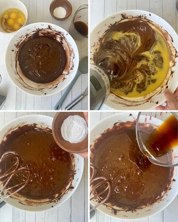 Add egg emulsion, then leavening agents and salt, then coffee to the batter. Mix until just combined. 