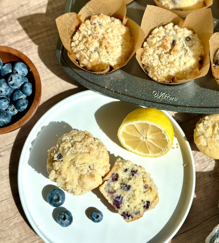 Long-Fermented Sourdough Blueberry Lemon Crumble Muffins