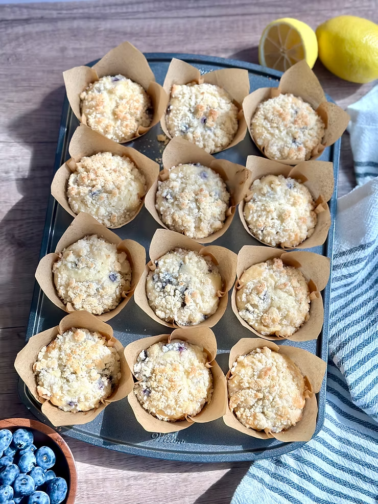 Long-Fermented Sourdough Blueberry Lemon Streusel Muffins