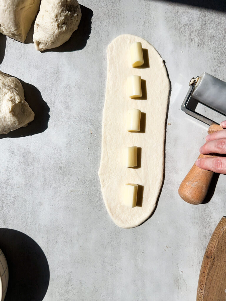 Place 5 pieces of cheese in a line with gaps