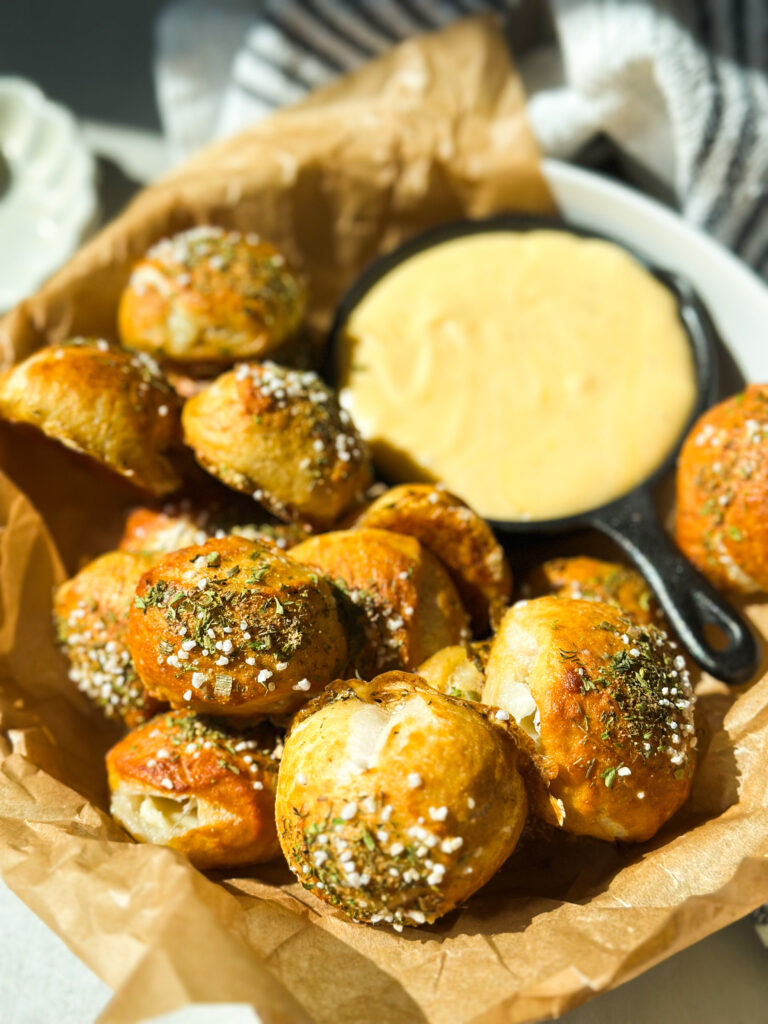 Sourdough Cheese-Stuffed Ranch Pretzel Bites (with creamy queso dip)