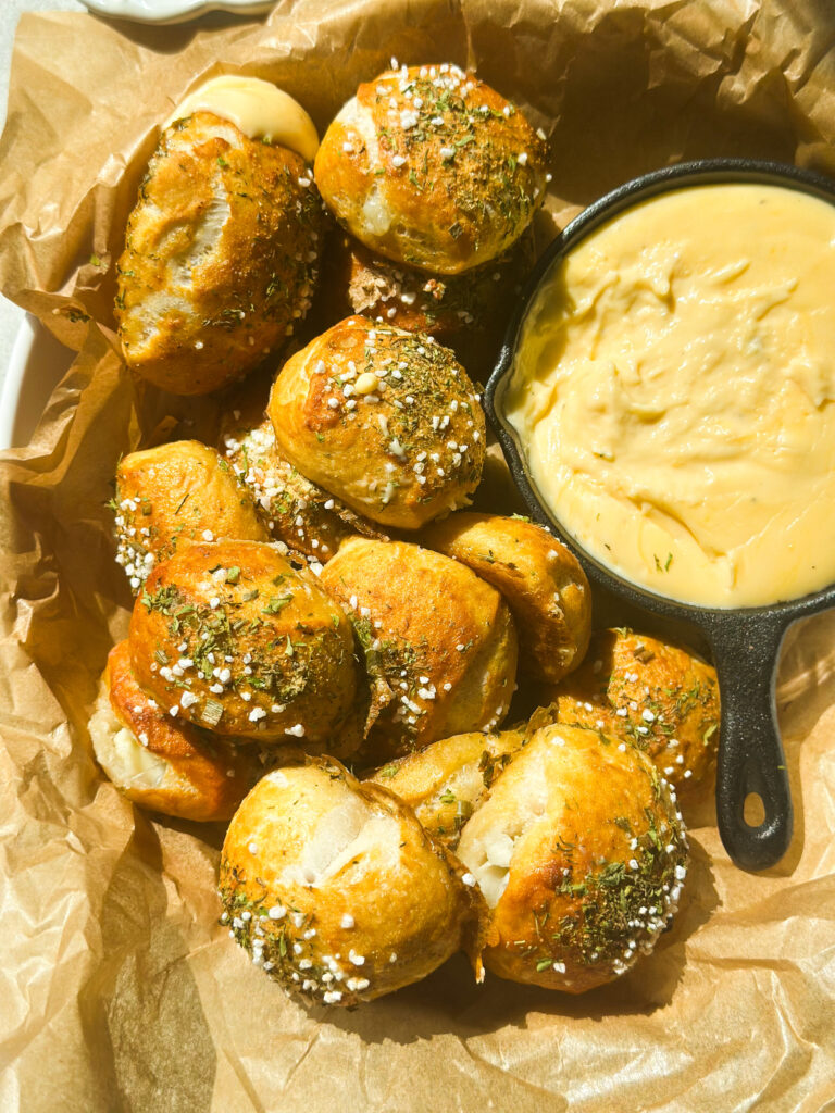 Sourdough Cheese-Stuffed Pretzel Bites (with creamy queso dip)