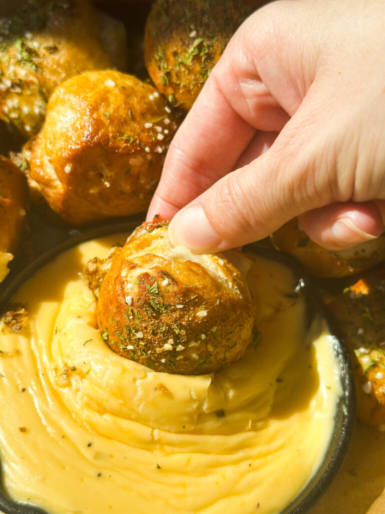 Sourdough Cheese-Stuffed Pretzel Bites (with creamy queso dip)