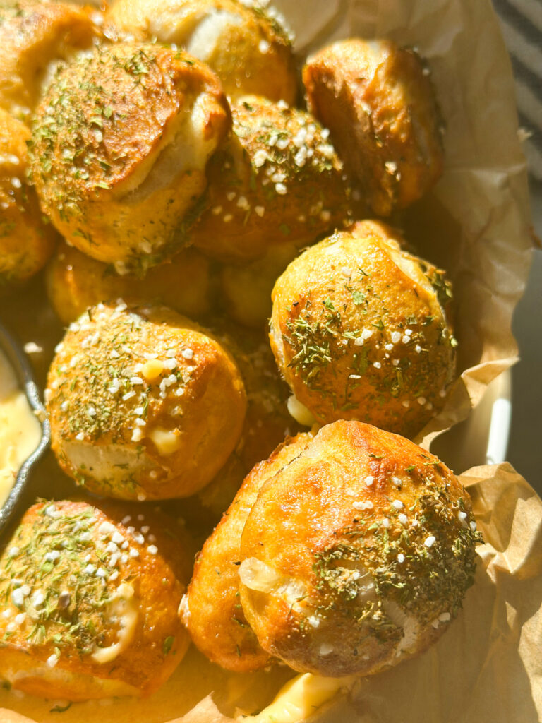 Sourdough Cheese-Stuffed Pretzel Bites (with creamy queso dip)