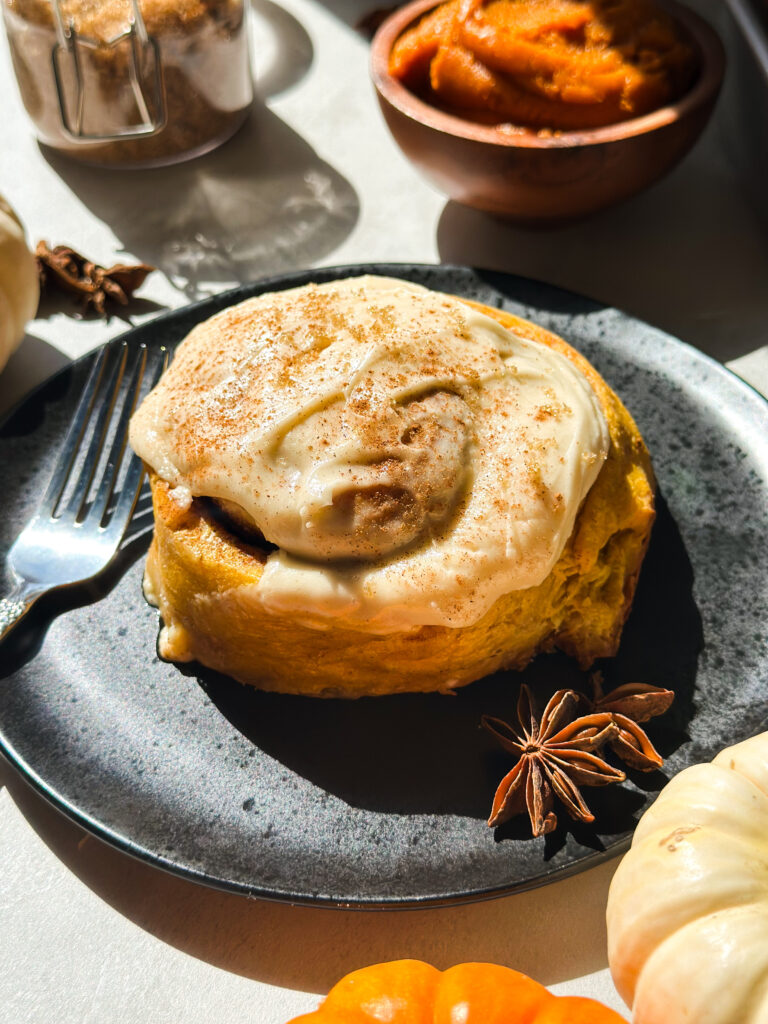Jumbo Sourdough Pumpkin Cinnamon Rolls (with maple brown butter cream cheese frosting)