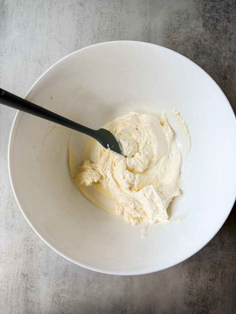 Cream the butter and cream cheese